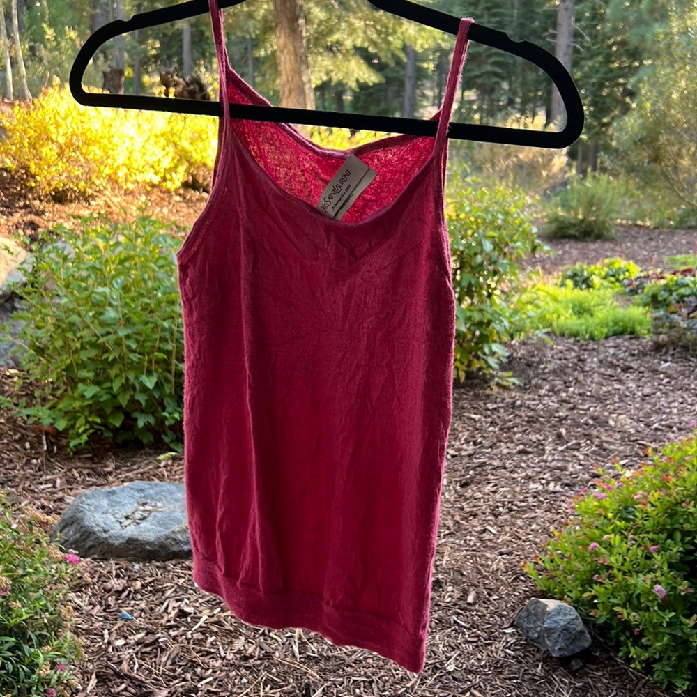 YSL cashmere tank with subtle stitching detail along décolletage.